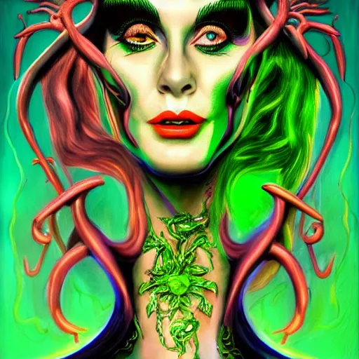Image similar to an extremely psychedelic portrait of elvira as the riddler, surreal, lsd, face, detailed, intricate, elegant, lithe, highly detailed, digital painting, artstation, concept art, smooth, sharp focus, illustration