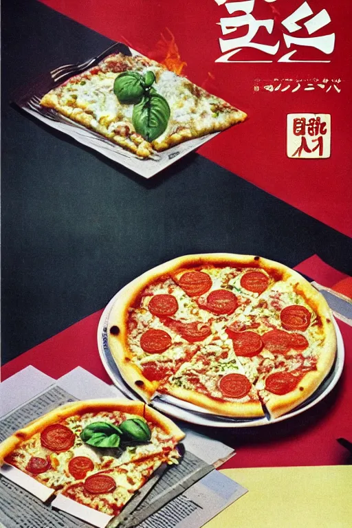 Prompt: pizza and pasta advertisment, still life, 1 9 7 0 s japan shouwa advertisement, print, nostalgic