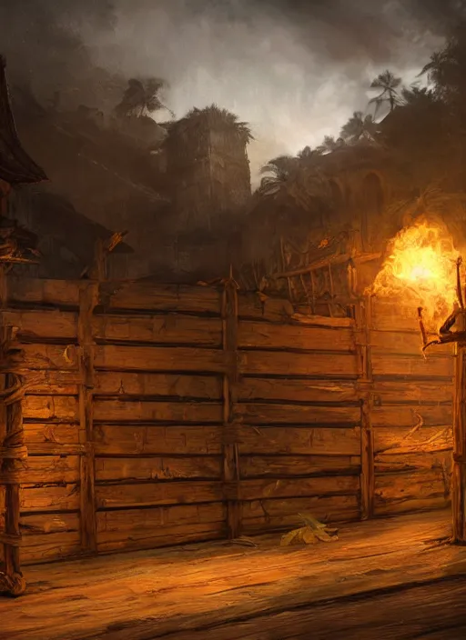 Image similar to wooden palisade wall lit by torches on a tropical island, intricate Details, raphael lacoste, eddie mendoza, alex ross, concept art, matte painting, highly detailed, rule of thirds, dynamic lighting, cinematic, detailed, denoised, centerd, clean render