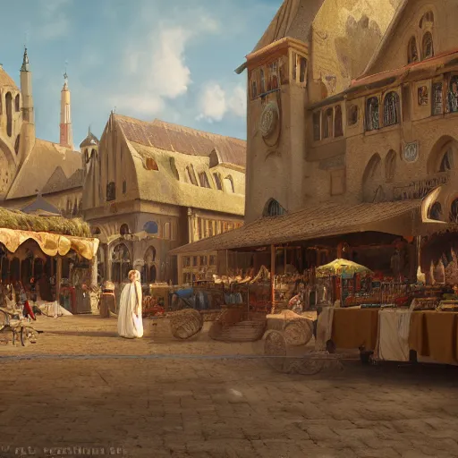 Prompt: a movimented medieval market painted by jan baptist huysmans, adorned architecture, birds, nature, middle east, epic painting, cgsociety, sand, beautiful, camel, semirealism, artstation, volumetric light, octane render, sharpness, 8 k, golden ratio