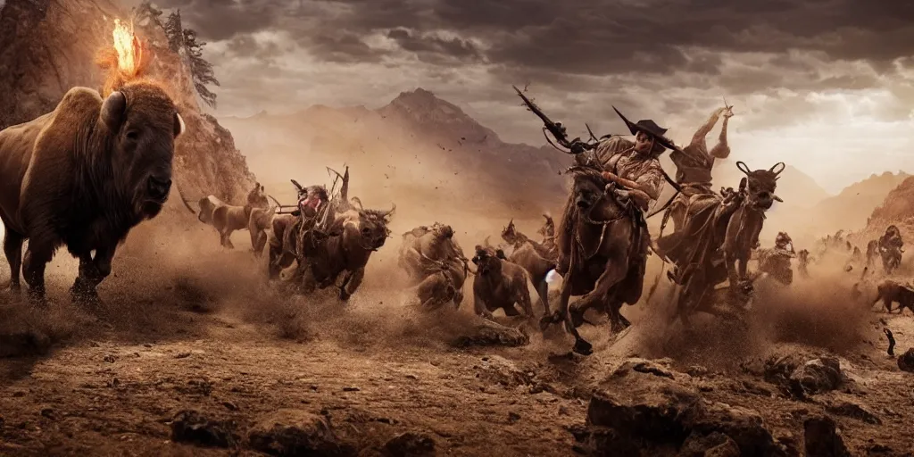 Image similar to indian tribe on wood ATV attacking bisons, action scene, an epic western, dramatic lighting, cinematic, establishing shot, extremely high detail, photorealistic, cinematic lighting, artstation, octane render, old photo, buffalo hunt movie, alpha movie, western, ultra sharp, clean symmetrical faces, high detail, intricate,hypermaximalist,hyper realism