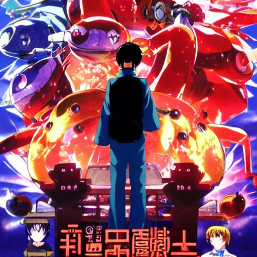 Image similar to incredibly powerful Anime Boy, created by Hideaki Anno + Katsuhiro Otomo +Rumiko Takahashi, Movie poster style, box office hit, a masterpiece of storytelling, main character center focus, mech characters and aliens, worm holes paint sky, highly detailed 8k