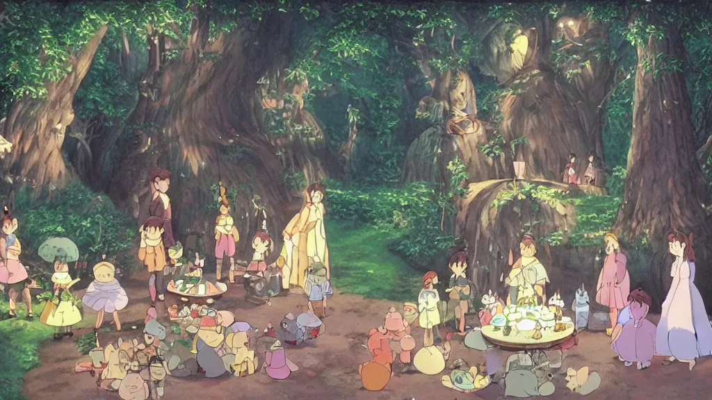 Image similar to a birthday party in a mystical magic forest, cinematic scene, studio ghibli