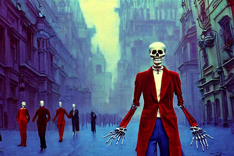 Image similar to realistic detailed photorealistic film portrait shot of a single skeleton wearing crimson velvet blazer in a crowded futuristic moscow street by Denis Villeneuve, Amano, Yves Tanguy, Alphonse Mucha, Ernst Haeckel, Andrei Tarkovsky, Edward Robert Hughes, Roger Dean, rich moody colours, wide angle, blue eyes