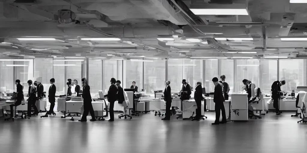 Prompt: a large office filled with hundreds of depressed workers in suits working in their cubicles, low angle, dramatic lighting