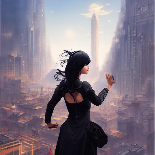 Image similar to a giantess attractive goth girl standing over a modern city, cute, intricate, highly detailed, digital painting, artstation, concept art, smooth, sharp focus, illustration, unreal engine 5, 8 k, art by artgerm and greg rutkowski and alphonse mucha