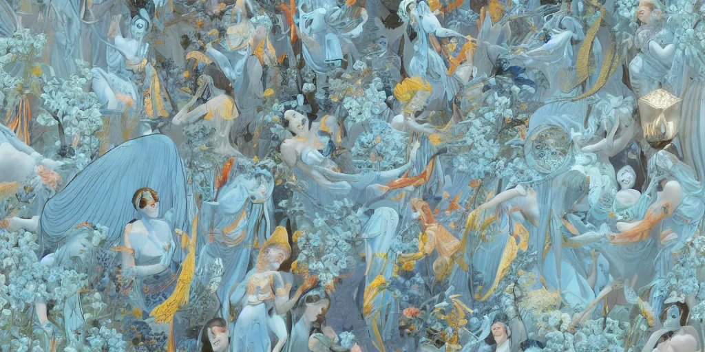 Image similar to breathtaking detailed concept art painting art deco pattern of faces goddesses amalmation light - blue flowers with anxious piercing eyes and blend of flowers and birds, by hsiao - ron cheng and john james audubon, bizarre compositions, exquisite detail, extremely moody lighting, 8 k