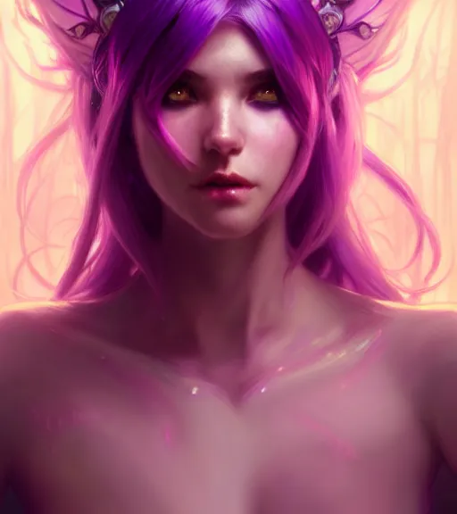 Image similar to stunningly beautiful female neon and purple hair, fantasy art, fae priestess, world of warcraft video game, goddess sharp focus, digital, painting, 8 k, concept art, art by wlop, artgerm, greg rutkowski and alphonse mucha