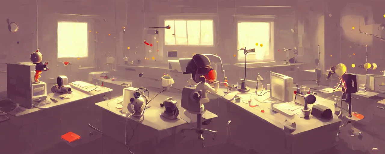 Prompt: goro fujita ilustration a science laboratory in a game dev studio office, explosion in the laboratory, small sparkles from computers, painting by goro fujita, sharp focus, highly detailed, artstation