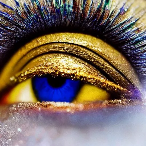 Prompt: a extremely detailed close up picture of an eye, it is made of gold powder, beautiful, colorful, macro photography