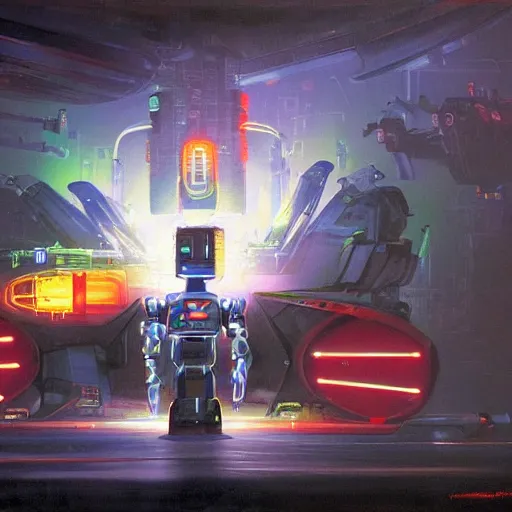 Prompt: a dark and colorful close - up of a sci - fi mecha robot with led lights glowing fog in the background. highly detailed science fiction painting by norman rockwell, frank frazetta, and syd mead. rich colors, high contrast, gloomy atmosphere, dark background. trending on artstation