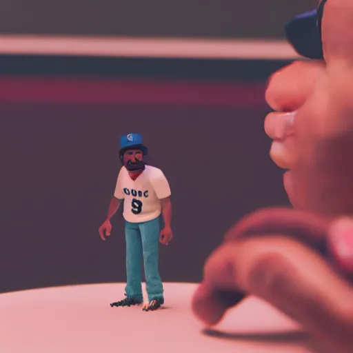 Image similar to a cinematic film still of a claymation stop motion film starring chance the rapper as a college student, shallow depth of field, 8 0 mm, f 1. 8