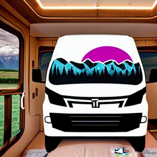 Image similar to white and black cute thor chateau motorhome camper, highway, mountains and sunset!!, everything enclosed in a circle, happy, professional colorful etching illustration, logo