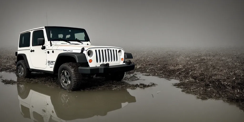 Image similar to noisy old color photograph of a 1997 hardtop white Jeep Wrangler drowning in quicksand, iridescent fog swallows the dirty swamp, gritty, Venom liquid grabs at the Jeep, cinematic, soft vintage glow