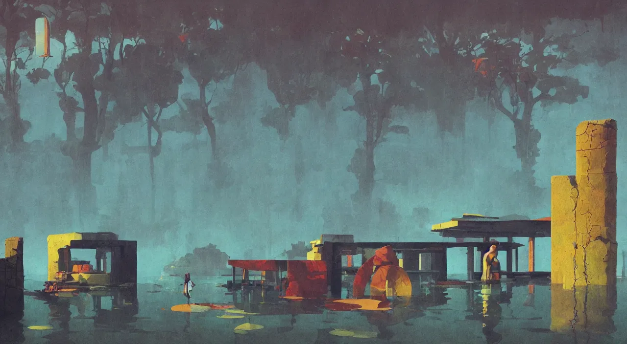 Prompt: flooded colorful surreal lonely single ancient temple, very coherent high contrast!! painting by stalenhag spitzweg magritte syd mead norman rockwell edward hopper james gilleard, dark shadows, sunny day, triadic color scheme, hard lighting, masterpiece