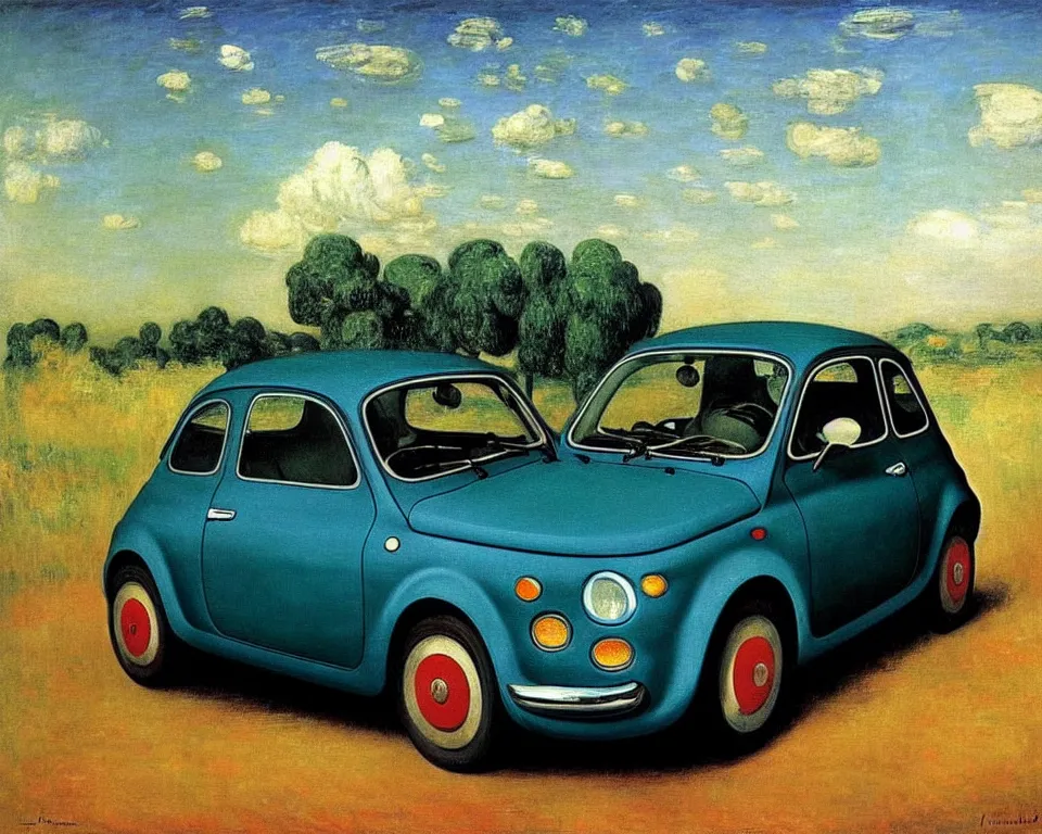 Image similar to achingly beautiful painting of a fiat 5 0 0 abarth by rene magritte, monet, and turner. whimsical.