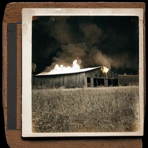 Image similar to a very beautiful old polaroid picture of barn on fire, award winning photography