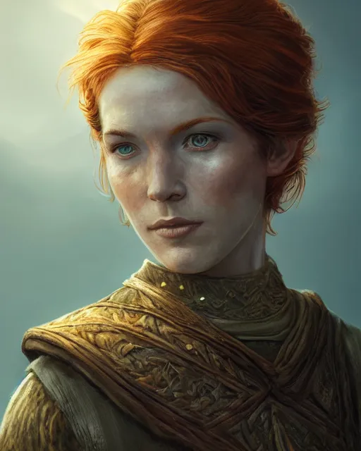 Image similar to the elder scrolls vi, charismatic rugged female redhead breton mage portrait, illustration, rim light, top light, perfectly shaded, golden hour, epic, intricate, soft painting, by leesha hannigan, ross tran, thierry doizon, kai carpenter, ignacio fernandez rios