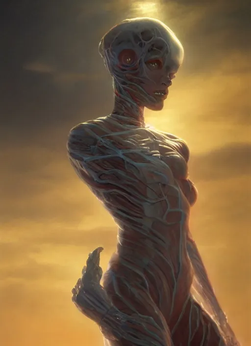 Prompt: biblical female android, glowing veins, in clouds, sunset, glowing eyes, snow, portrait by wayne barlowe, studio lighting, muted colors, by frank frazetta, extreme detail, reflections, trending on artstation, 8 k