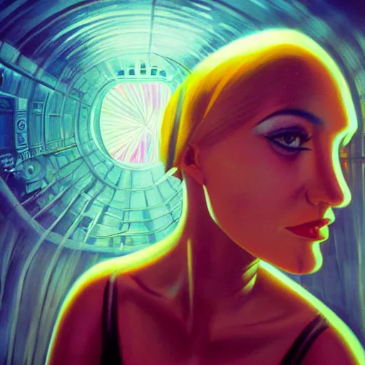 Image similar to detailed face of a woman, clockwork, moment, tectonic sky, skydome, bullet train, turbines, utopian, tech noir, wet reflections, prism, atmospheric, ambient, pj crook, syd mead, livia prima, edward hopper