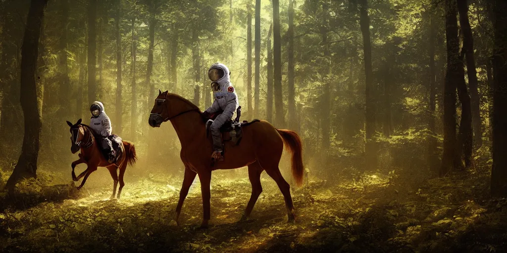 Image similar to american astronaut, riding a horse in a forest, plants environment, wide angle, cinematic lighting, atmospheric, realistic, octane render, highly detailed, color graded, in the style of craig mullins