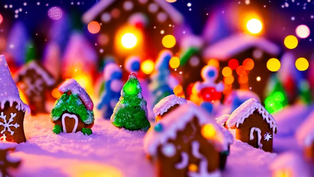 Prompt: closeup of colorful miniature gingerbread candy village at night, fantasy, fairytale, forest, christmas, snow, bokeh, depth of field 1 0 0 mm, cinematic scene, studio quality, visually stunning, unreal engine, octane render, trending on artstation, artgerm, cgsociety