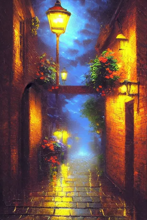 Prompt: oil painting dark alley with water Victorian waif a under a street lamp by Lisa Frank, Thomas Kinkade, vivid color