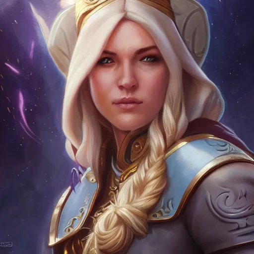Prompt: jaina proudmoore character portrait, close up, concept art, intricate details, highly detailed photorealistic portrait by michael komarck, adam hughes, seseon yoon, artgerm and warren louw