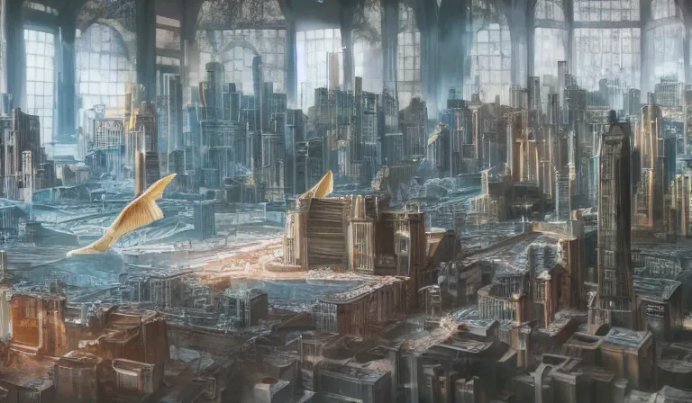 Image similar to group of people in bare walled museum, looking at hologram of futuristic city on a table, cinematic concept art, godrays, golden hour, natural sunlight, 4 k, clear details, tabletop model buildings, center model buildings, hologram center, crane shot, crane shot, crane shot