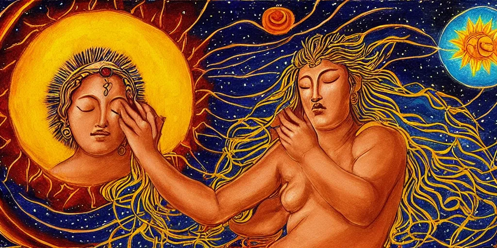 Image similar to very detailed astral painting of goddess of sun and moon crying in a very detailed river