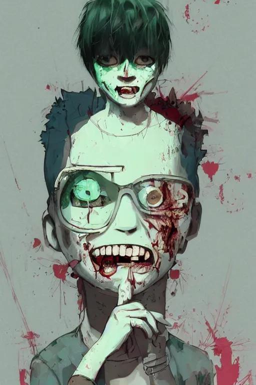 Image similar to urban school zombie boy in tattered clothes fanart, dark green short hair, muted colors, matte print, pastel colors, ornate, digital art, cute smile, digital painting, fan art, elegant, pixiv, by Ilya Kuvshinov, by Studio Ghibli