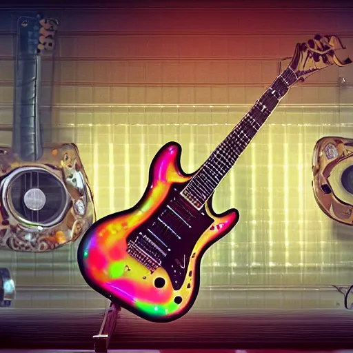 Prompt: guitar on a stand on a stage with a golden shiny electric guitar amp, the electric guitar is futuristic steampunk style with gears and tubes, 8 k, fluorescent colors, halluzinogenic, multicolored, exaggerated detailed, unreal engine - h 7 6 8