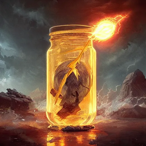 Image similar to commission of a jar with lightning in it,design by charles bowater,greg rutkowski,ross tran,hyperdetailed,hyperrealistic,4k,deviantart,artstation,professional photography,concept art,dramatic