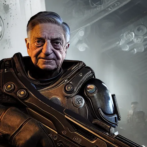 Image similar to george soros in gears of war, splash art, movie still, cinematic lighting, dramatic, octane render, long lens, shallow depth of field, bokeh, anamorphic lens flare, 8 k, hyper detailed, 3 5 mm film grain