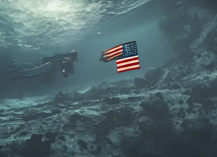 Image similar to dark underwater photo of an astronaut underwater putting a flag on the ocean's floor. in the background, a submarine is visible. dark, concept art, cinematic, dramatic, blender, photorealistic, octane render, 8 k, volumetric lighting, trending on artstation