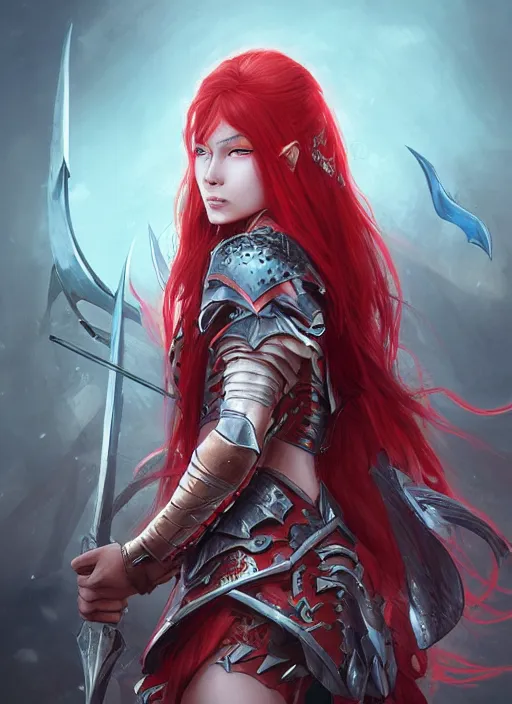 Image similar to beautiful warrior lady, red long hair, practical armor, shiny white skin, demonic eyes, low fantasy, extremely detailed, sharp focus, smooth, digital illustration, by rossdraws, frank franzzeta, sakimichan