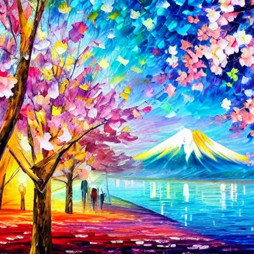 Image similar to beautiful leonid afremov highly detailed pastel watercolor painting of cherry blossoms in spring with mount fuji in the background. pastel colors, featured in art magazine