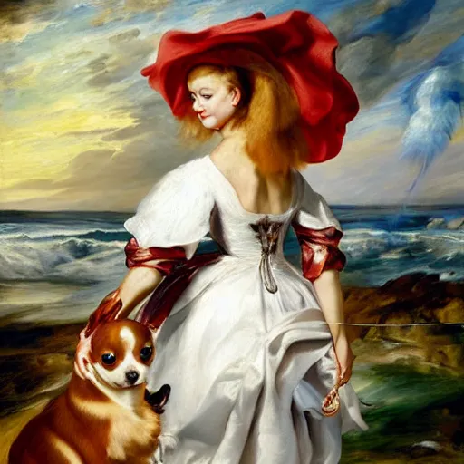 Image similar to heavenly summer sharp land sphere scallop well dressed lady walking her chihuahua on a leash auslese, by peter paul rubens and eugene delacroix and karol bak, hyperrealism, digital illustration, fauvist, chihuahua on a leash