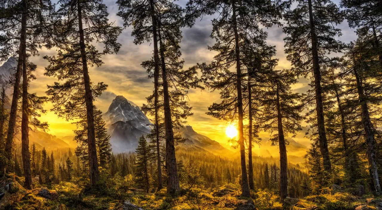 Prompt: epic forest mountain landscape with a majestic sunrise, high detail, high definition, photorealistic, 8k, hdr,