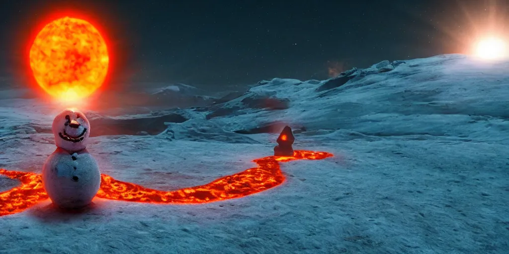 Image similar to a melted glowing snowman melting on top of the sun. the ground is made of fire and lava and is glowing orange. cinematic, dramatic, epic, volumetric lighting, atmospheric, red, orange extremely coherent, masterpiece, highly detailed, trending on artstation, 8 k, space, warm, solar flare, blade runner 2 0 4 9