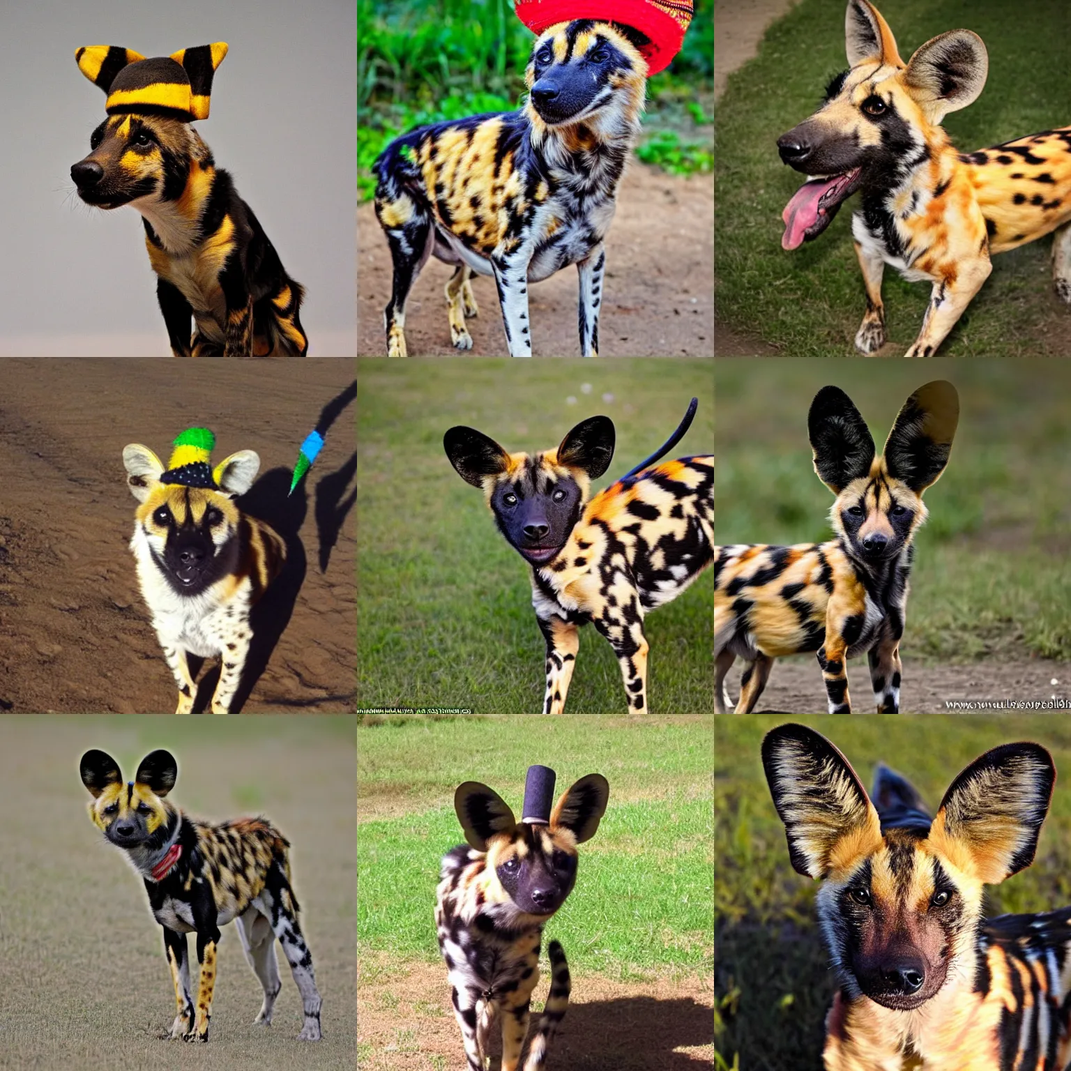 Prompt: My favorite friend, the african painted dog, dress him in a hat, give that dog a hat