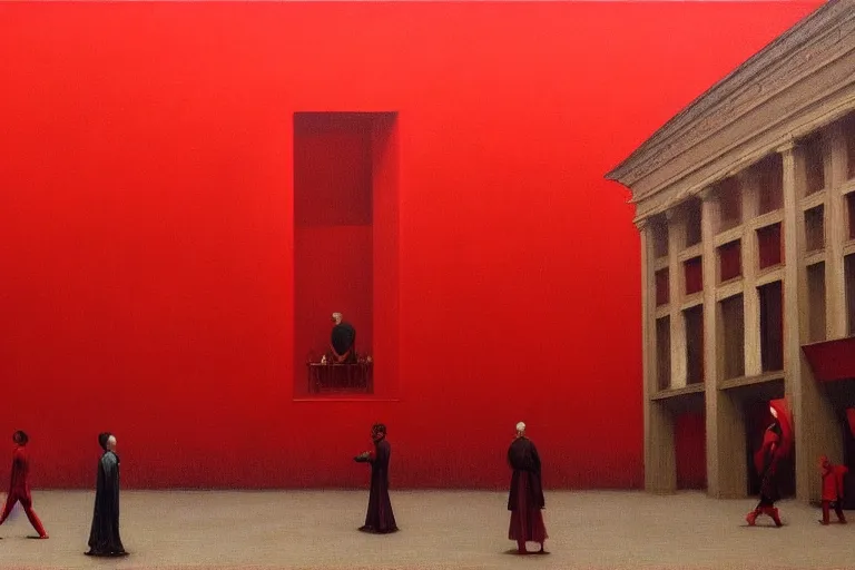 Prompt: only with red, crowd cheering at the sight of a painting, in a city square, in the style of beksinski, parts by edward hopper, parts by rodcenko, parts by yue minjun, intricate and epic composition, red by caravaggio, insanely quality, highly detailed, masterpiece, red light, artstation, 4 k