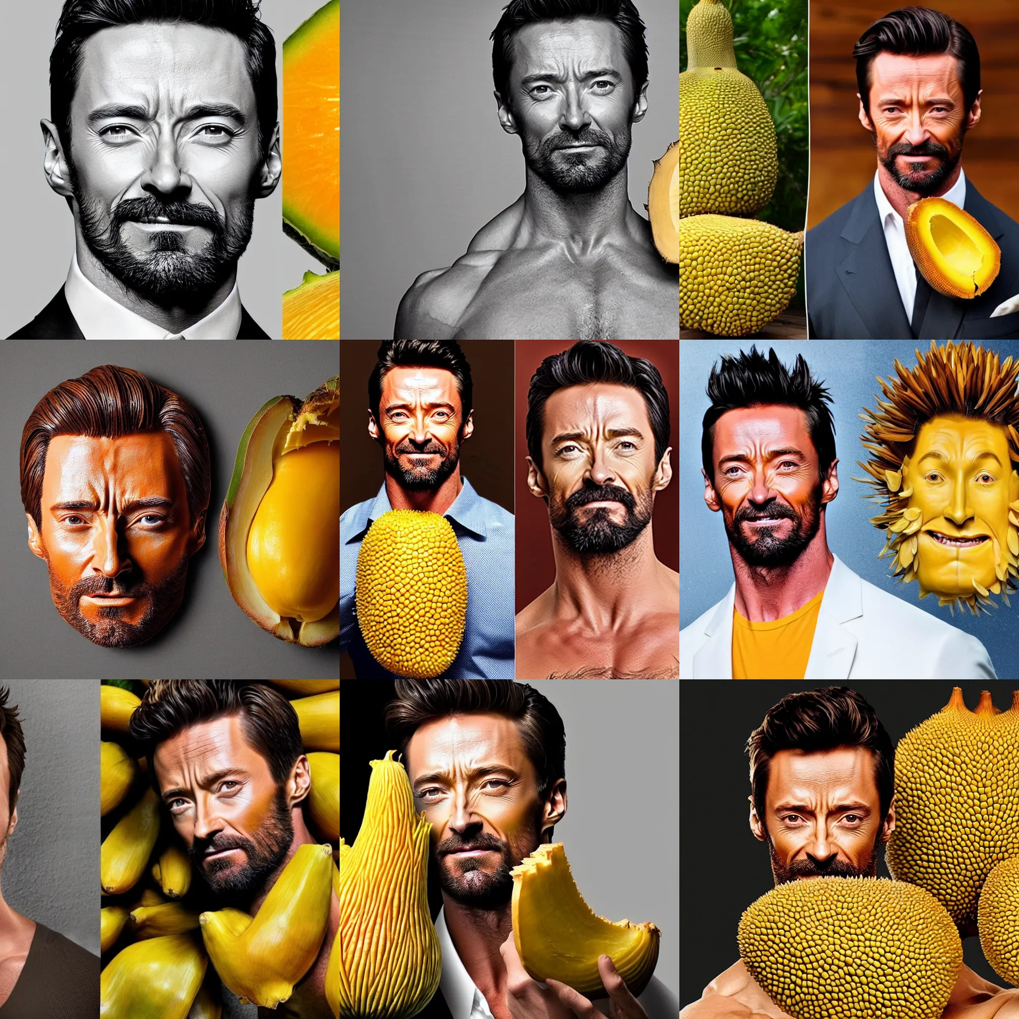 Prompt: body made of jackfruit made of hugh jackman, face made of jackfruit made of hugh jackman, high detail photo