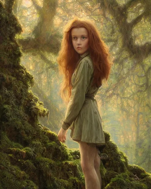 Image similar to a well - lit, realistic oil painting of a girl resembling a young, shy, redheaded irish alicia vikander or millie bobby brown in moss - covered ancient stone ruins at sunset, highly detailed, intricate, concept art, artstation, by donato giancola, ron cobb, and artgerm