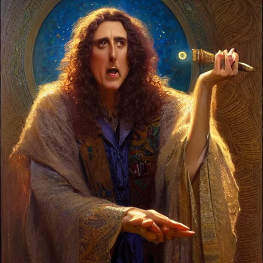 Prompt: weird al as a wizard casting a spell, highly detailed painting by gaston bussiere, craig mullins, j. c. leyendecker, 8 k