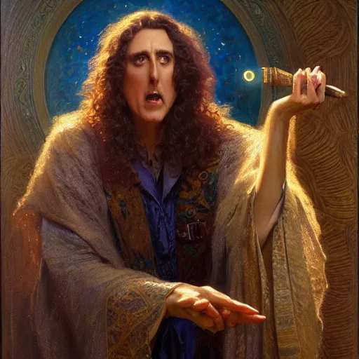 Image similar to weird al as a wizard casting a spell, highly detailed painting by gaston bussiere, craig mullins, j. c. leyendecker, 8 k