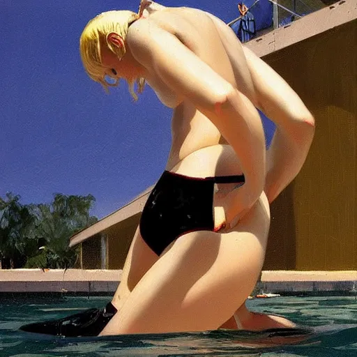 Image similar to a blond lifeguard in a wetsuit swan diving into the pool. Kuvshinov ilya. Repin. Phil Hale. Masterpiece. Rule of thirds