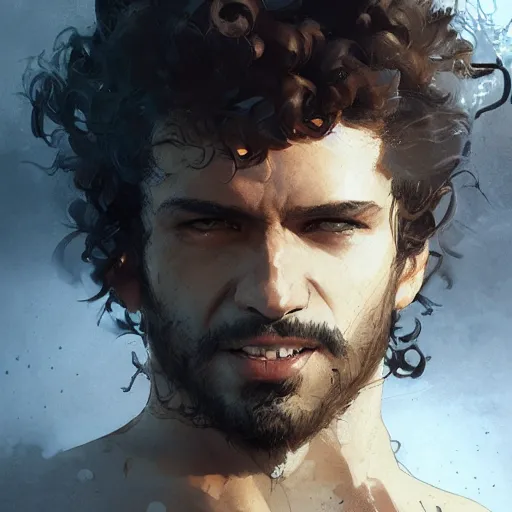 Image similar to a young man with curly brown hair, a light beard, smiling, dramatic lighting, illustration by greg rutkowski, yoji shinkawa, 4 k, digital art, concept art, trending on artstation