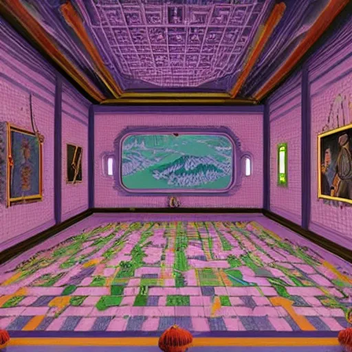 Prompt: a metaverse virtual world, designed by wes anderson and hr giger