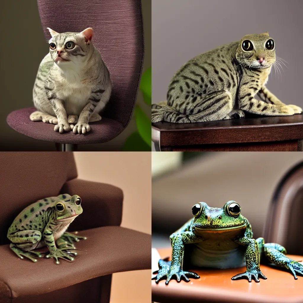 Prompt: A photo of a cat frog hybrid, sitting on a chair, highly detailed, 4k, award winning photo